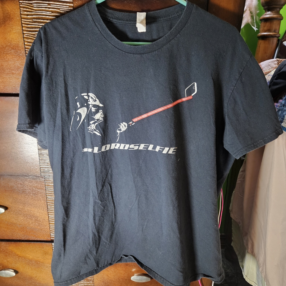 Anvil Black Graphic Tee with Red and White Accents